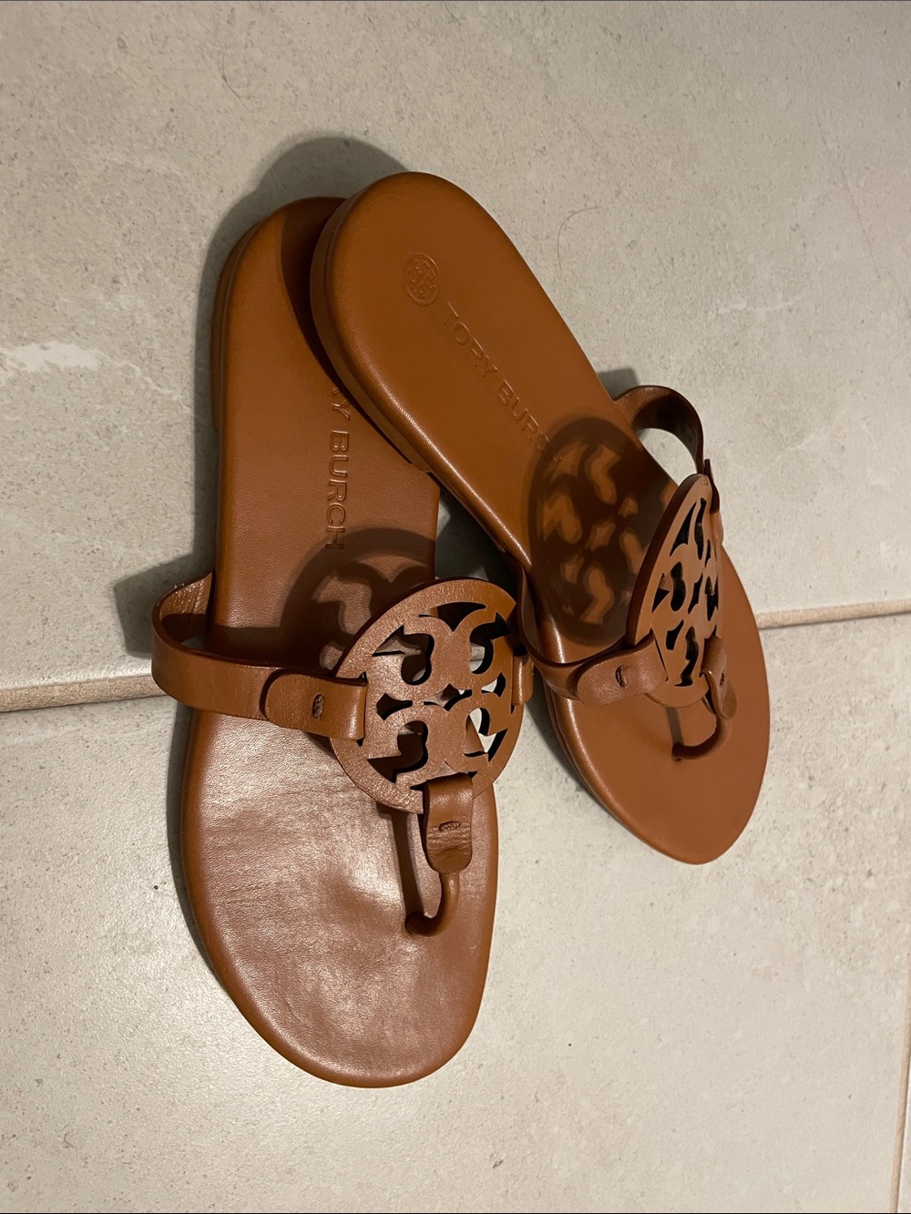 Tory Burch Cognac Leather Logo Thong Sandals